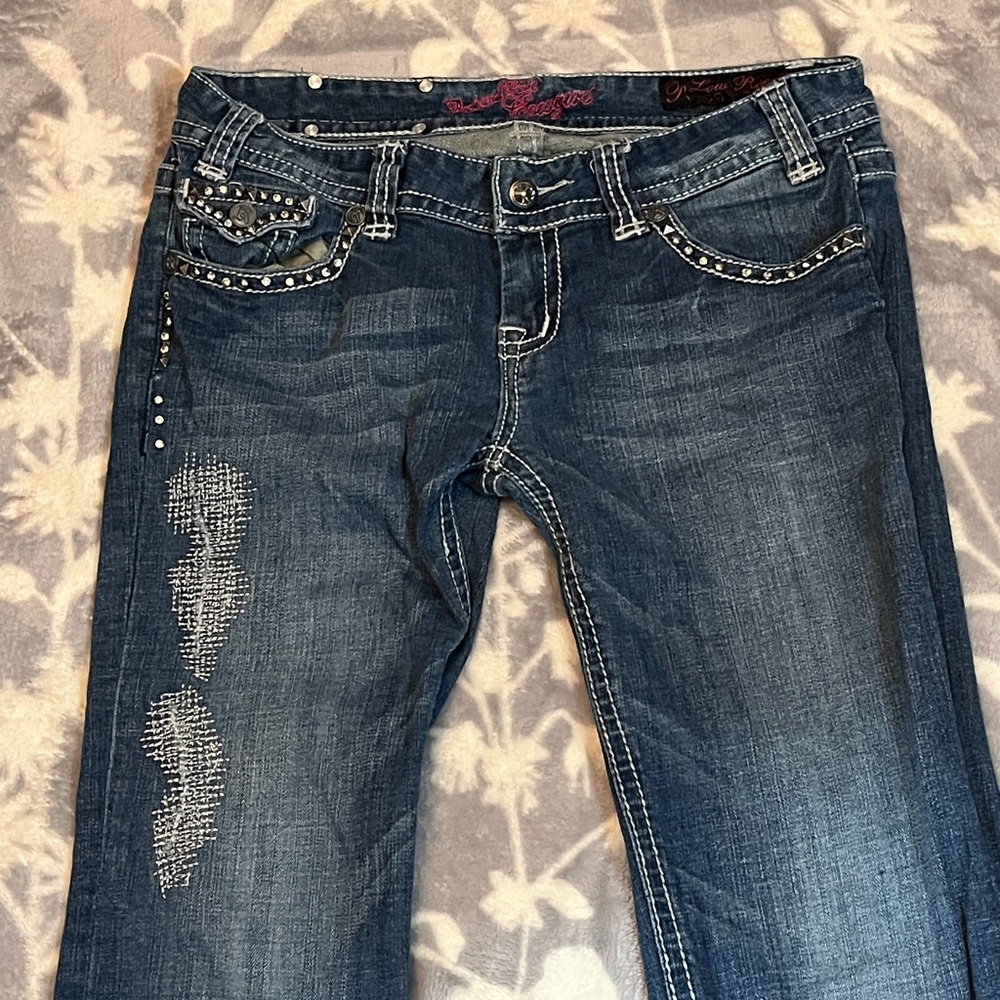 Rock and roll cowgirl denim bootcut jeans - embellished/ distressed W 29 - Picture 2 of 14